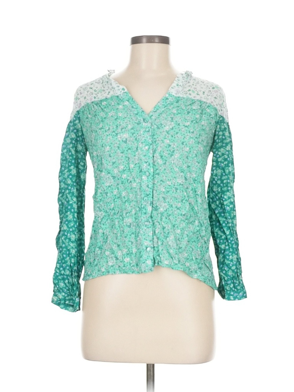 Zara Mint Green Teal Floral Button-Down Top Blouse